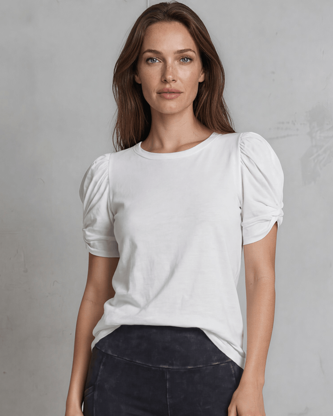 Cotton Puff Sleeve Top with ruched knot detail. Soft cotton-spandex, crew neck, relaxed fit. Elevated everyday style. Made in USA.
