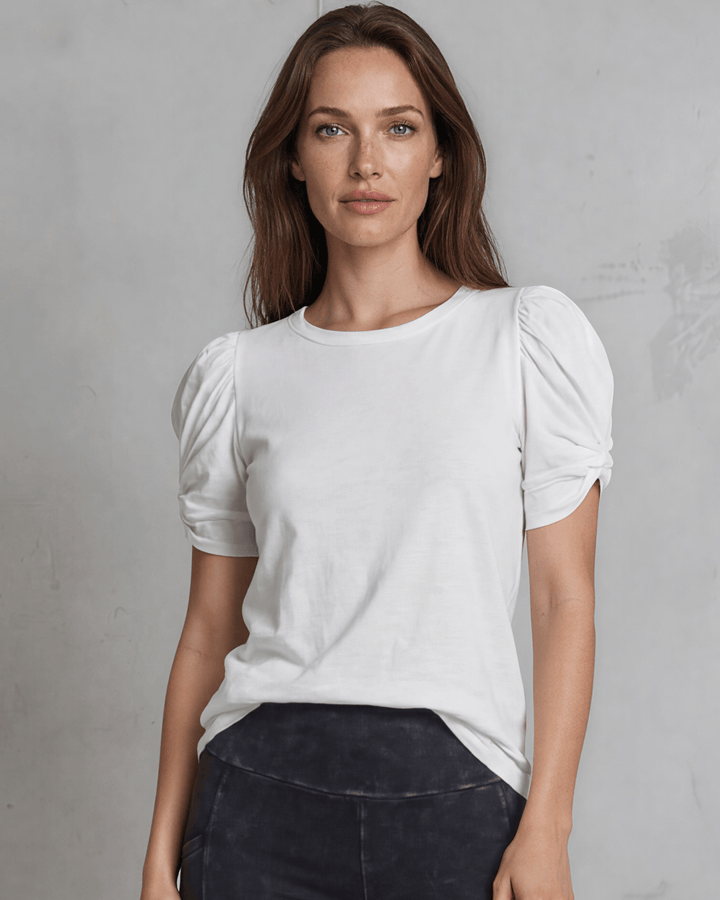 Cotton Puff Sleeve Top with ruched knot detail. Soft cotton-spandex, crew neck, relaxed fit. Elevated everyday style. Made in USA.