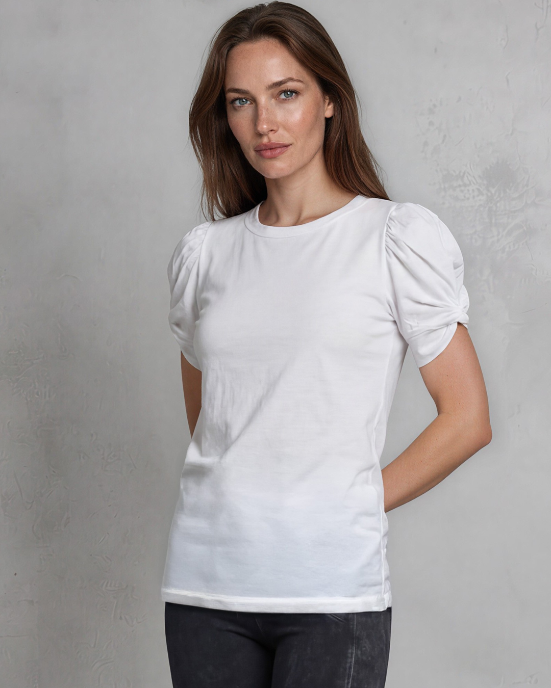 Cotton Puff Sleeve Top with ruched knot detail. Soft cotton-spandex, crew neck, relaxed fit. Elevated everyday style. Made in USA.