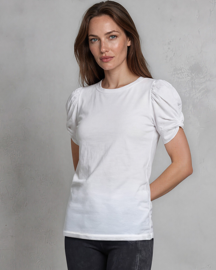 Cotton Puff Sleeve Top with ruched knot detail. Soft cotton-spandex, crew neck, relaxed fit. Elevated everyday style. Made in USA.