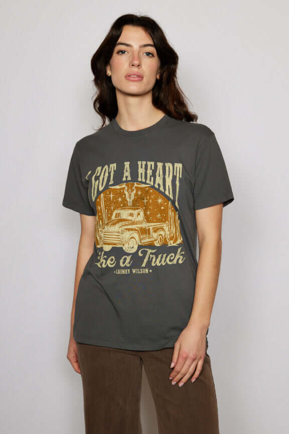  Lainey Wilson Heart Like a Truck Tee by People of Leisure — 100% organic cotton graphic tee in Grey. Made in LA. Sizes XS–XL