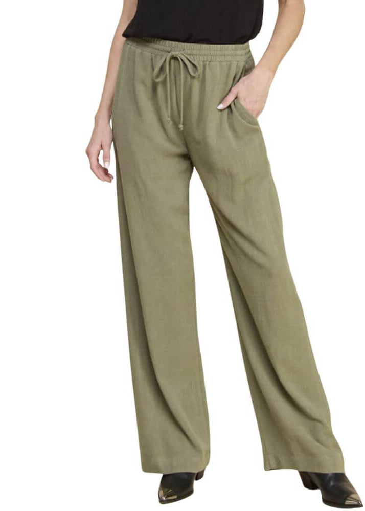 USA Made Linen Blend Bootcut Pants with Relaxed Fit with Drawstring & Elastic Waist in Olive Green | Brand: If She Loves Style# ISP1235L | Made in America Boutique