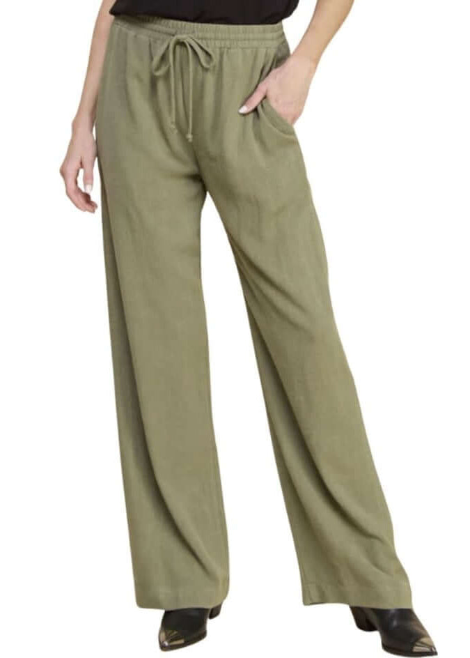 USA Made Linen Blend Bootcut Pants with Pockets - Relaxed Fit Drawstring & Elastic Waist in Olive Green | Classy Cozy Cool Women's American Boutique