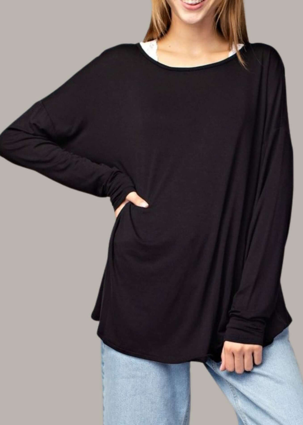 Made in USA Women's Natural Bamboo Oversized Long Sleeve Black Back Drop Top | Classy Cozy Cool Made in America Boutique