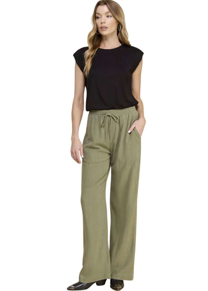 USA Made Linen Blend Bootcut Pants with Relaxed Fit with Drawstring &amp; Elastic Waist in Olive Green | Brand: If She Loves Style