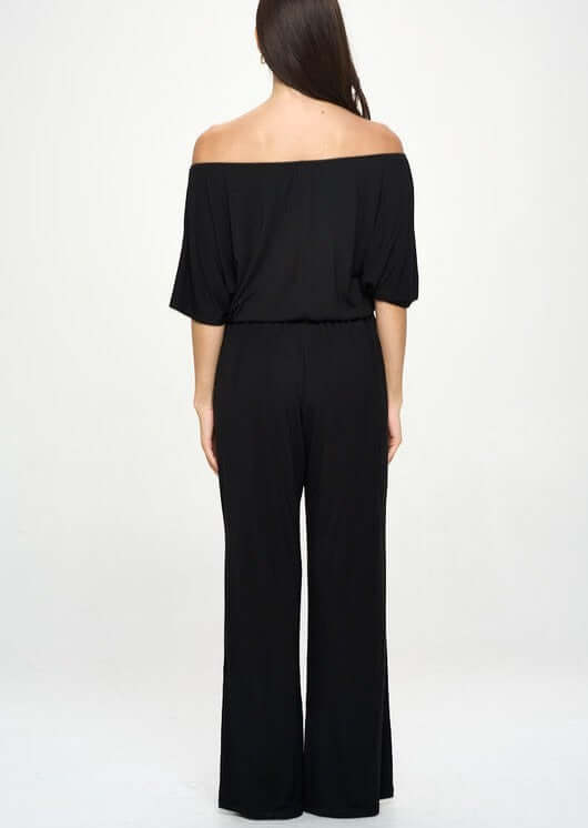 Women's Off the Shoulder Black Flowy Relaxed Fit Jumpsuit with Side Pockets | Made in USA | Classy Cozy Cool Made in America Boutique