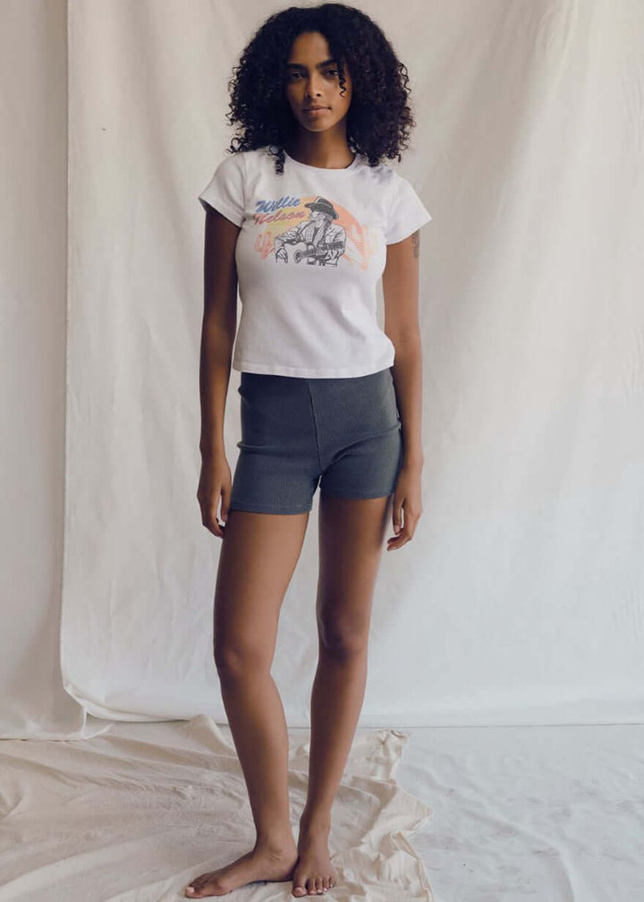 Willie Nelson Baby Rib Tee by People of Leisure — 100% cotton, vintage-inspired graphic tee. Made in Huntington Park, CA. Sizes XS–XL