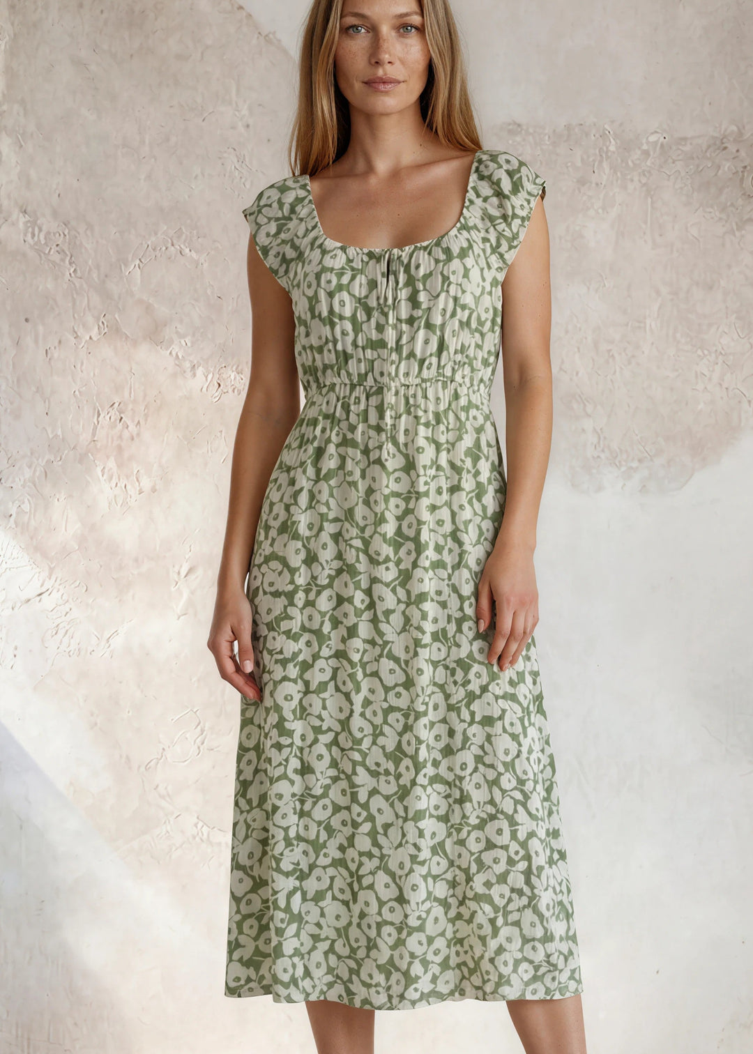 Breezy rayon-linen blend, smocked waist & sage green florals — your new vacation dress. USA-made, sizes S–XL