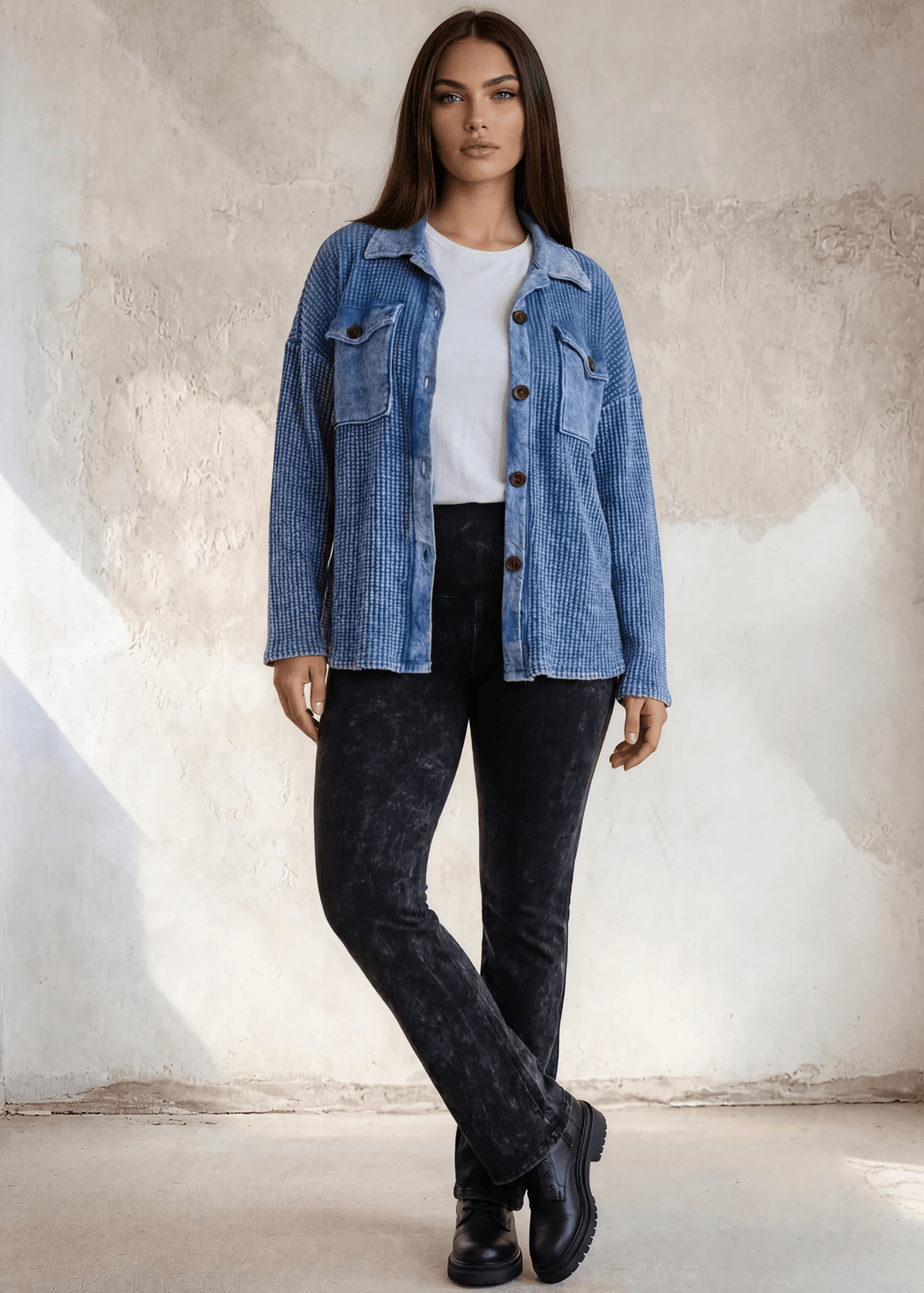 Denim Blue Plus Size Vintage Wash Cotton Shacket, detail view, women&