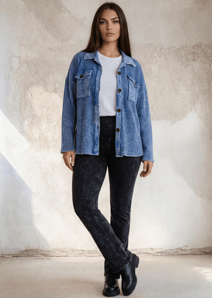 Denim Blue Plus Size Vintage Wash Cotton Shacket, detail view, women&