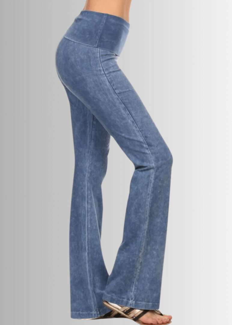 Made in USA Women's Cotton Bootcut Jeggings with Fold Over Waist in Mineral Washed Light Denim | Style C30136 | Classy Cozy Cool Made in America Boutique