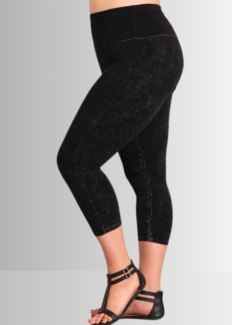 American Made Plus Size Ladies Black Denim Mineral Washed Pull On Capri Leggings with Tummy Control Fold Over Waist |  Style C30249 | Classy Cozy Cool Women&