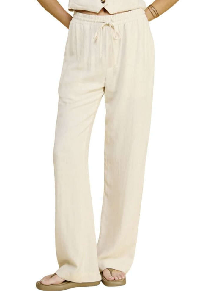 USA Made Linen Blend Bootcut Pants with Pockets - Relaxed Fit Drawstring & Elastic Waist Side | Classy Cozy Cool Women's American Boutique