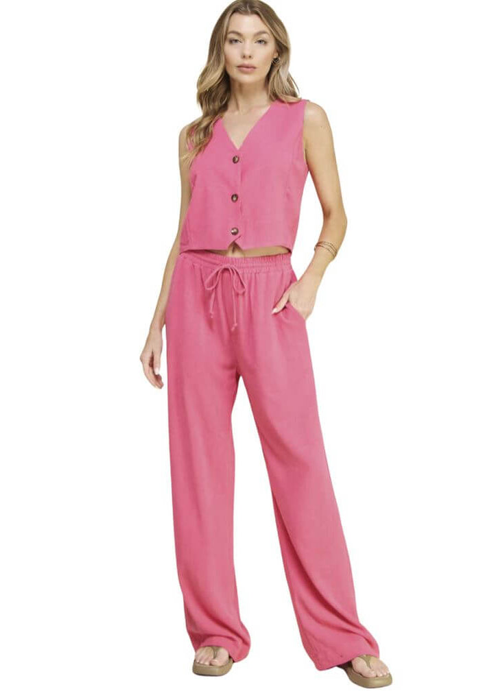USA Made Linen Blend Bootcut Pants with Pockets in Fuchsia - Relaxed Fit Drawstring &amp; Elastic Waist Side | Classy Cozy Cool Women&