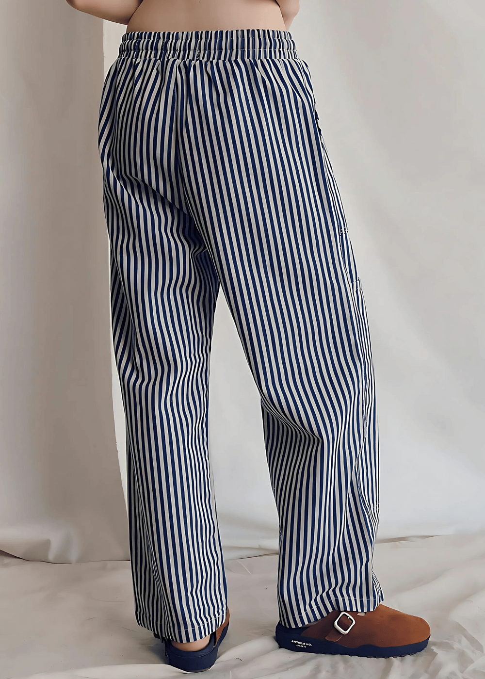 The Charlie Pant by People of Leisure — 100% cotton denim wide leg in Striped. Sustainably made in the USA. Sizes XS–XL