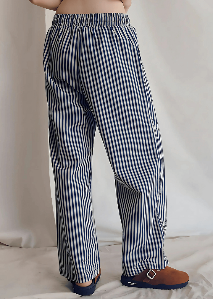 The Charlie Pant by People of Leisure — 100% cotton denim wide leg in Striped. Sustainably made in the USA. Sizes XS–XL