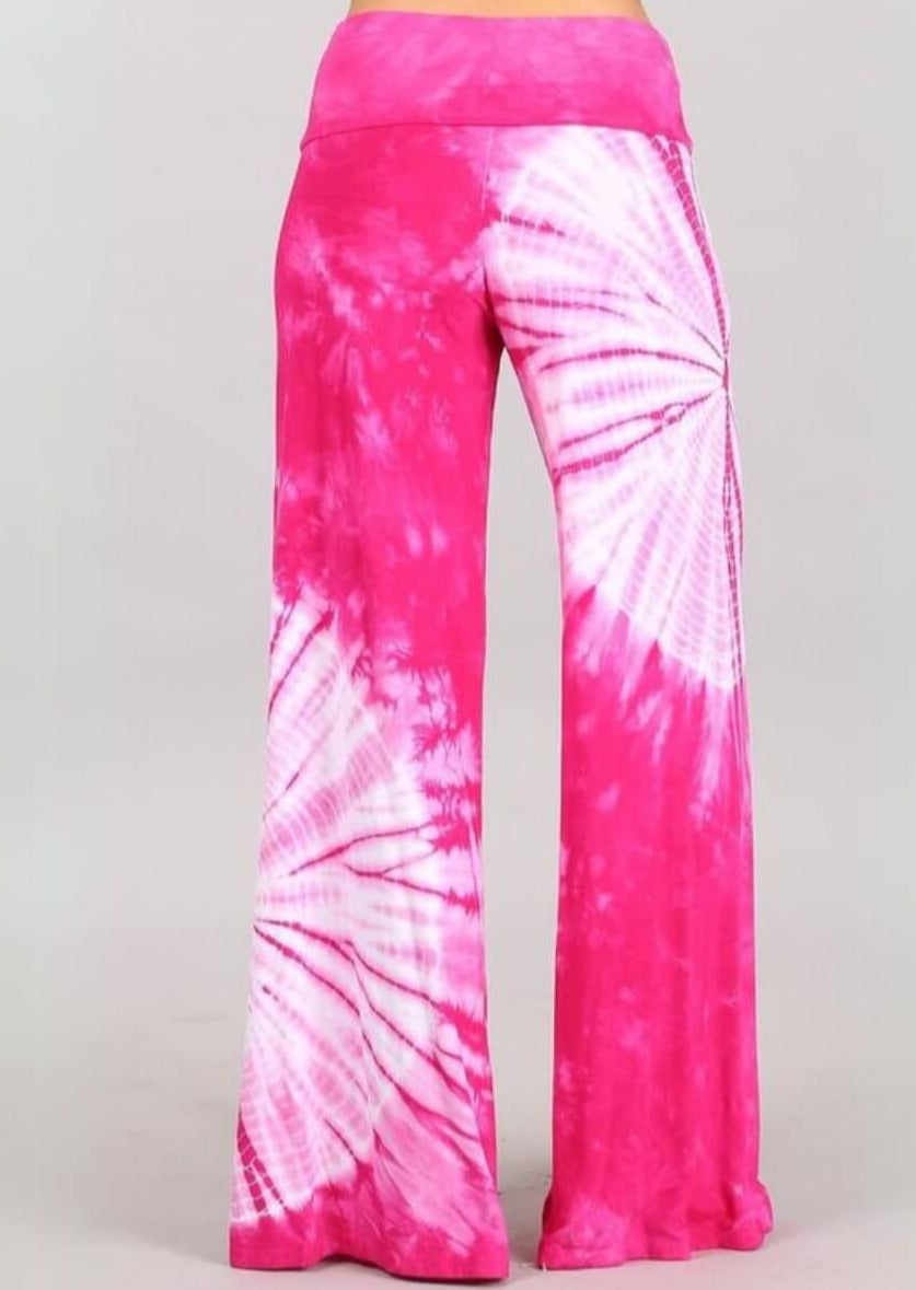 USA Made Fuchsia &amp; White Casual Tie Dye Palazzo Pants Soft &amp; comfortable design with a wide fold over waistband | Classy Cozy Cool Women&