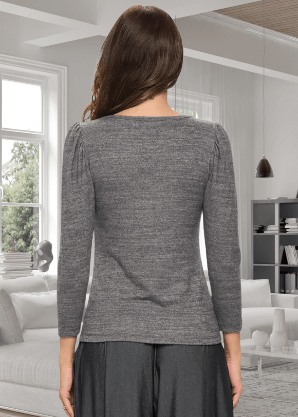 Experience the perfect blend of comfort and style with the Celine 3/4 Puff Sleeve V-Neck sweater in Mocha Gray. Crafted from a soft rayon-spandex blend, this fitted sweater offers a cashmere-like softness that feels luxurious against the skin. Its flattering v-neck and trendy puff sleeves add a feminine touch, while easy machine wash care keeps it practical | Renee C Style# 3338TPD