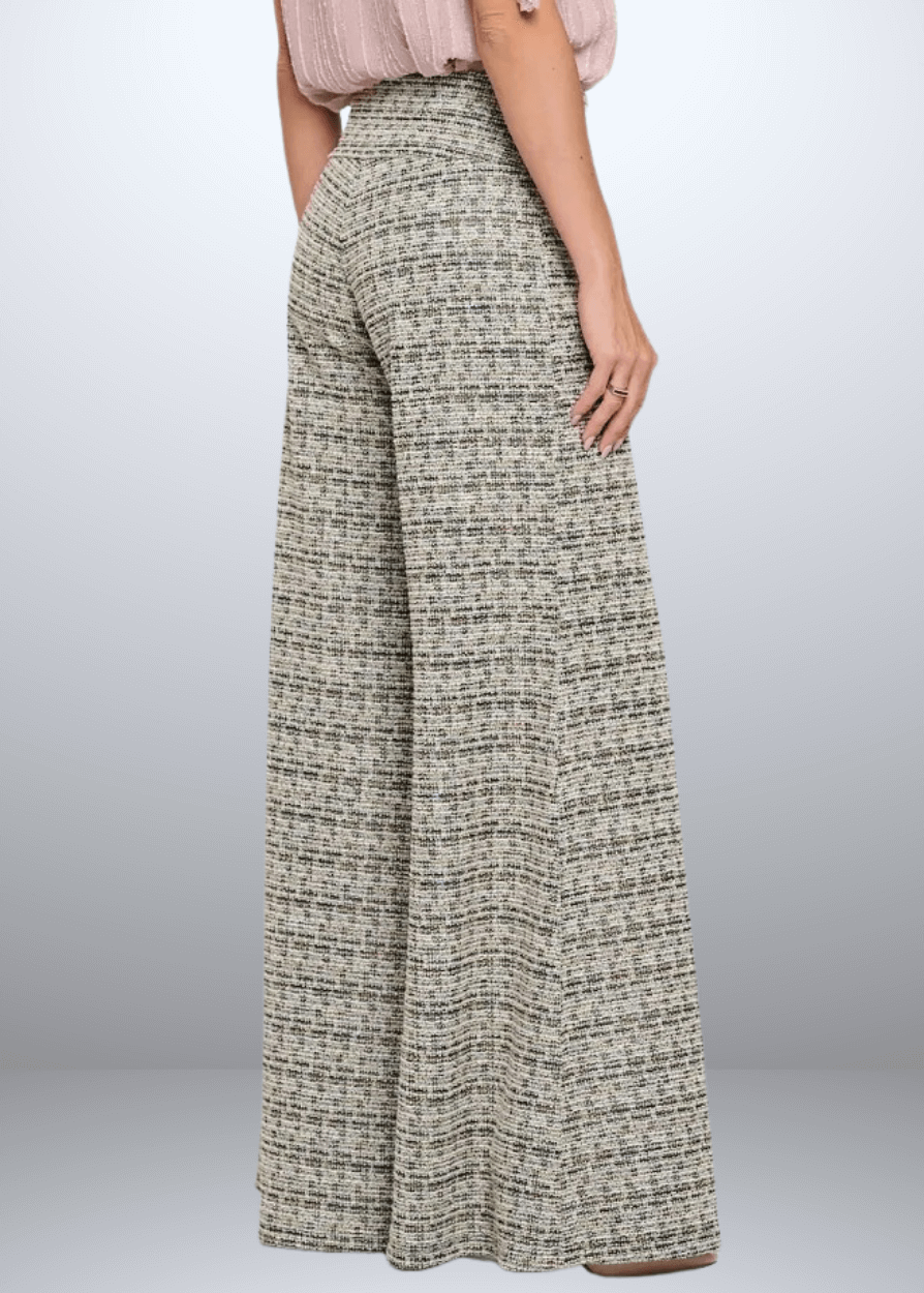 Elevate your wardrobe with the Payton Plaid Tweed Knit Pants, expertly crafted in the USA. Featuring a flattering wide-leg silhouette and classic plaid pattern | Renee C Style 4745PTG