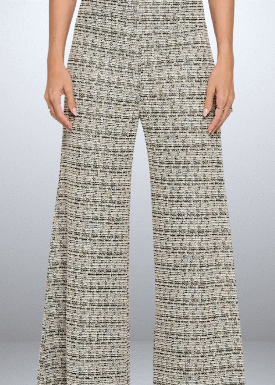 Elevate your wardrobe with the Payton Plaid Tweed Knit Pants, expertly crafted in the USA. Featuring a flattering wide-leg silhouette and classic plaid pattern | Renee C Style 4745PTG