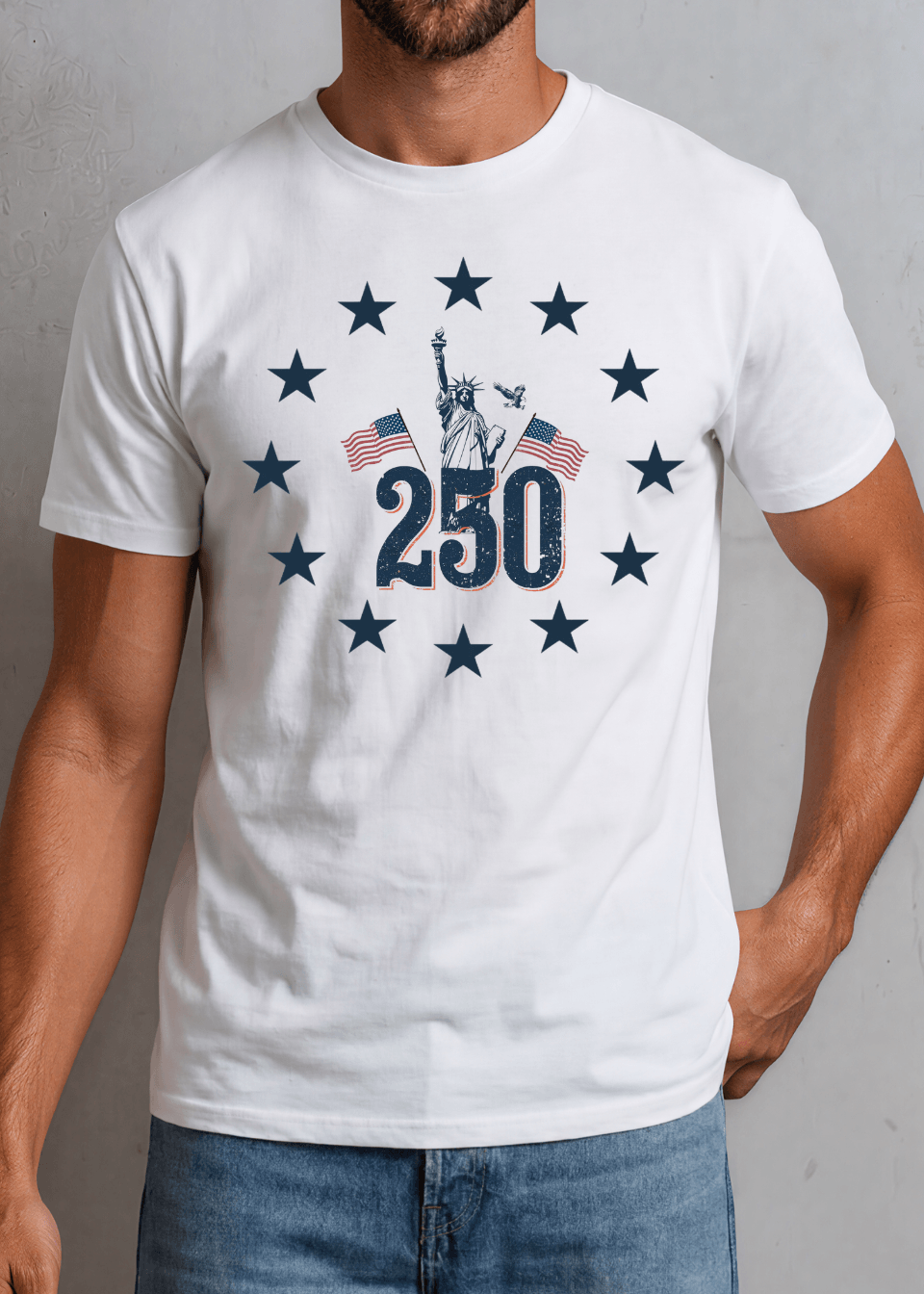 Men's America 250th Anniversary Tee — Statue of Liberty & 13-star graphic on white. Made in USA with USA-grown cotton. 100% pre-shrunk cotton. Sizes S–3XL.