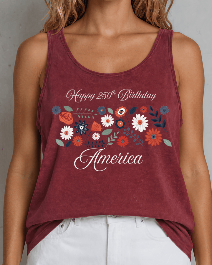 Celebrate July 4th in a USA-made, USA cotton-grown floral graphic tank top. Burnt Red Clay mineral wash, relaxed fit, soft &amp; stretchy. Proudly made in America.