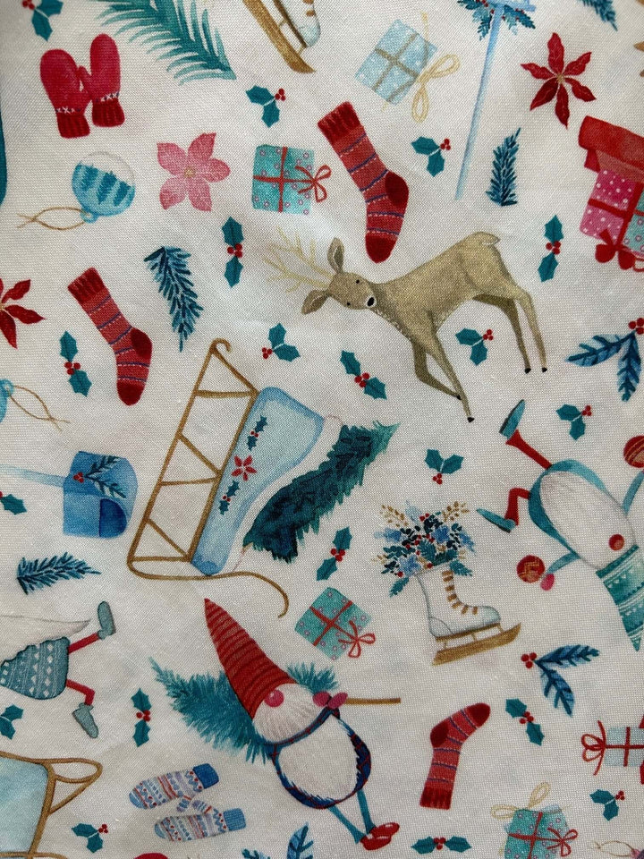Introducing our Winter Cheer Vintage Dress. This dress boasts a fun and playful print featuring gnomes, sleds, ice skates, mittens, and reindeer. It&