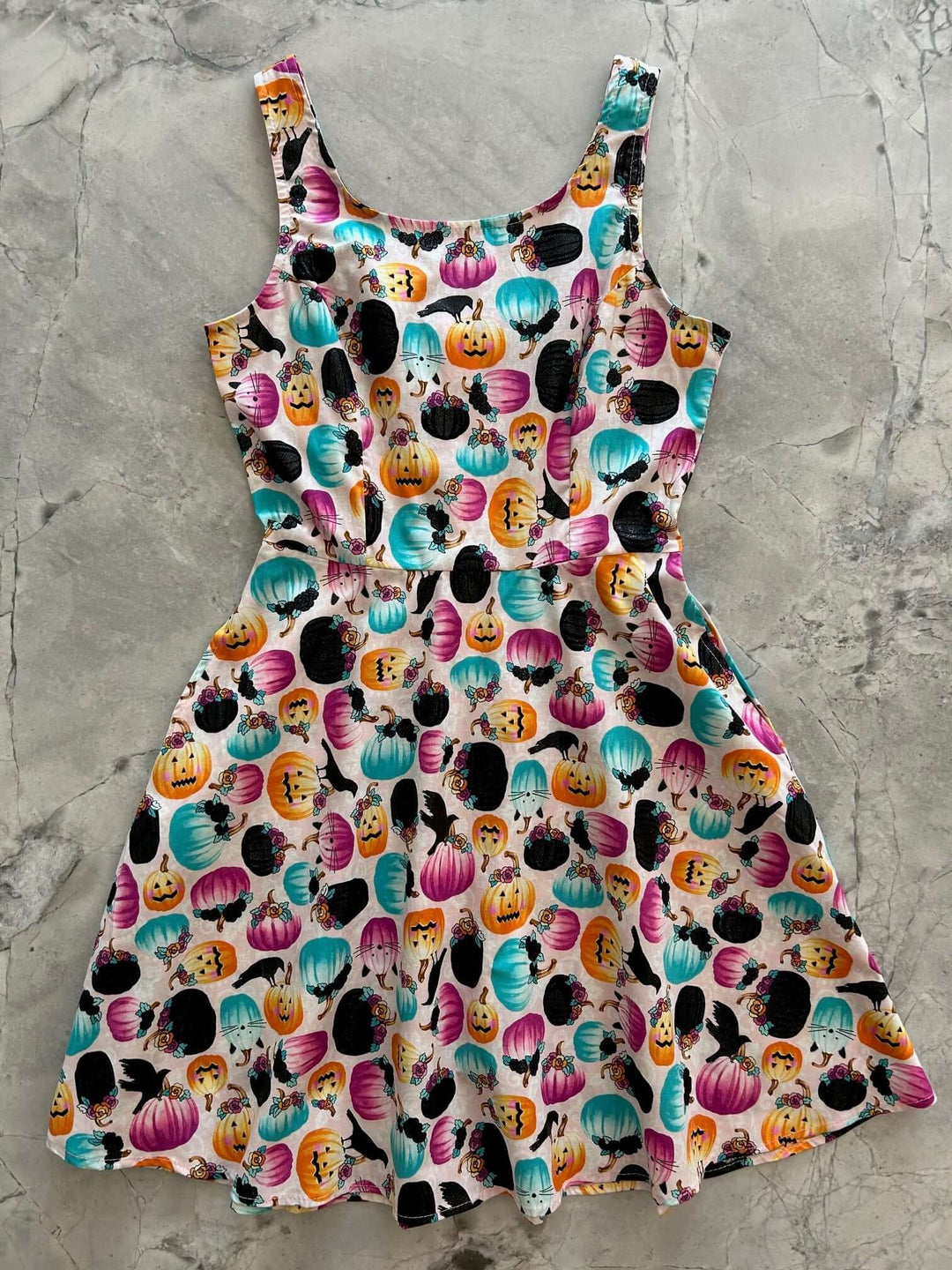 Made in USA. Shop the Pumpkin &amp; Crow Skater Dress by Retrolicious, with stretch cotton fabric, a scoop neck, A-line skirt and hidden pockets. XS–4X.