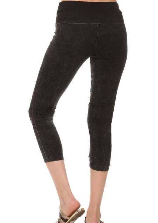 Chatoyant Mineral Washed Pull On Capri Leggings | Made in USA | Tummy control wide fold-over waistband | Classy Cozy Cool Women's American Boutique
