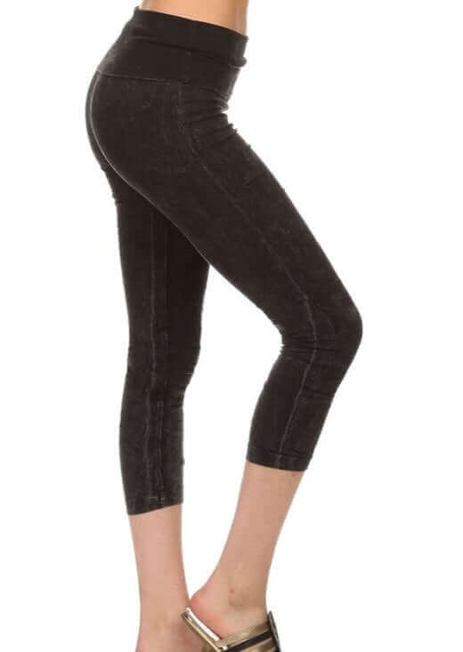 Chatoyant Mineral Washed Pull On Capri Leggings | Made in USA | Tummy control wide fold-over waistband | Classy Cozy Cool Women&