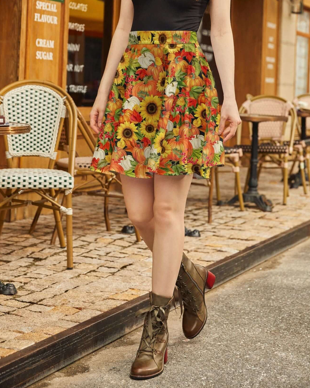 Made in USA. Shop the Sunflower & Pumpkin cotton skater skirt by Retrolicious, with a vintage-inspired silhouette and elasticized back waist. Perfect for Fall.