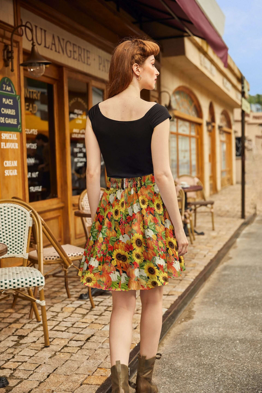 Made in USA. Shop the Sunflower & Pumpkin cotton skater skirt by Retrolicious, with a vintage-inspired silhouette and elasticized back waist. Perfect for Fall.