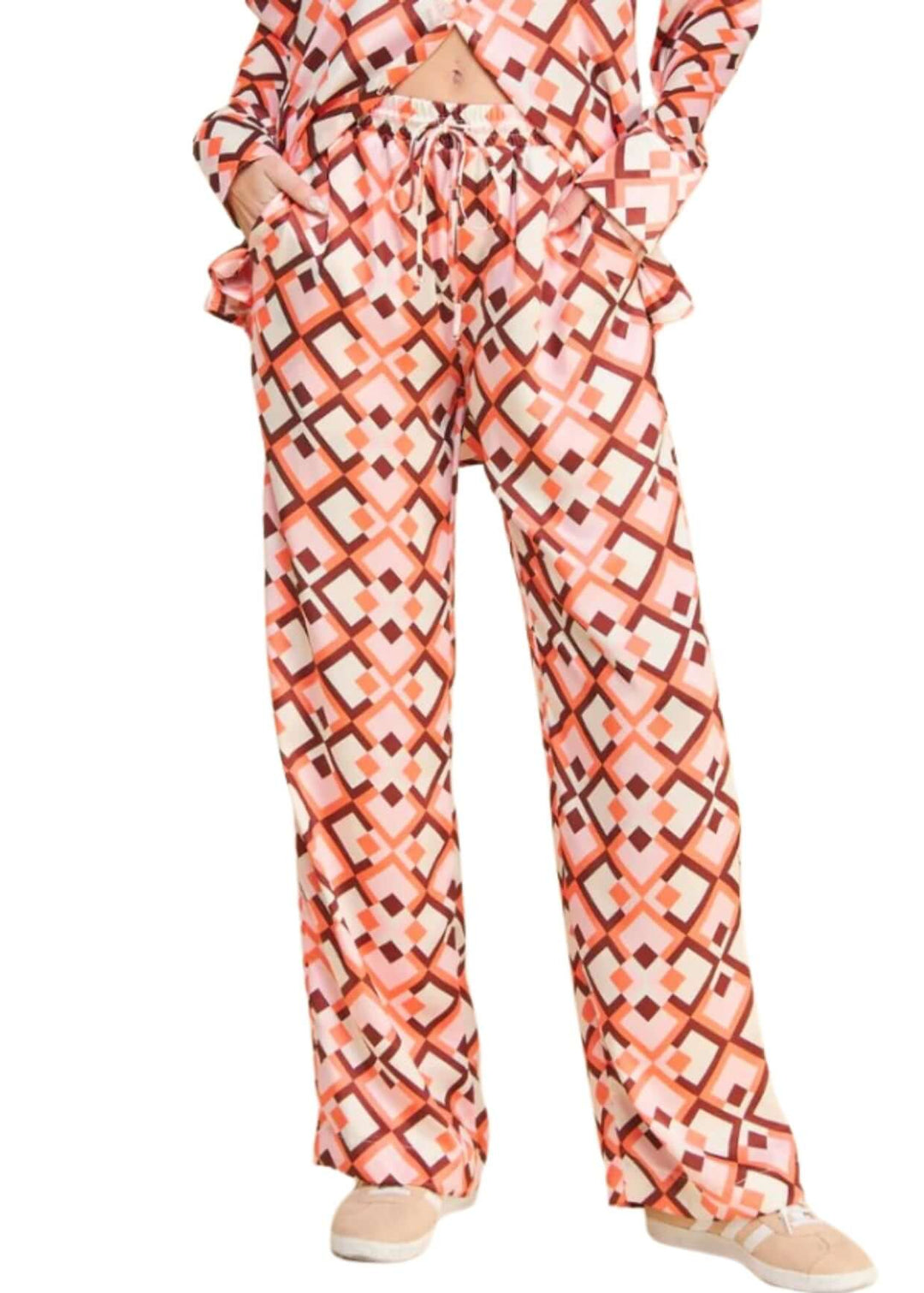 USA Made Ladies Pink Retro Pattern Satin Pants by If She Loves Style # ISP1235A | High Rise with Elastic Waist | Classy Cozy Cool Women's Made in America Clothing Boutique