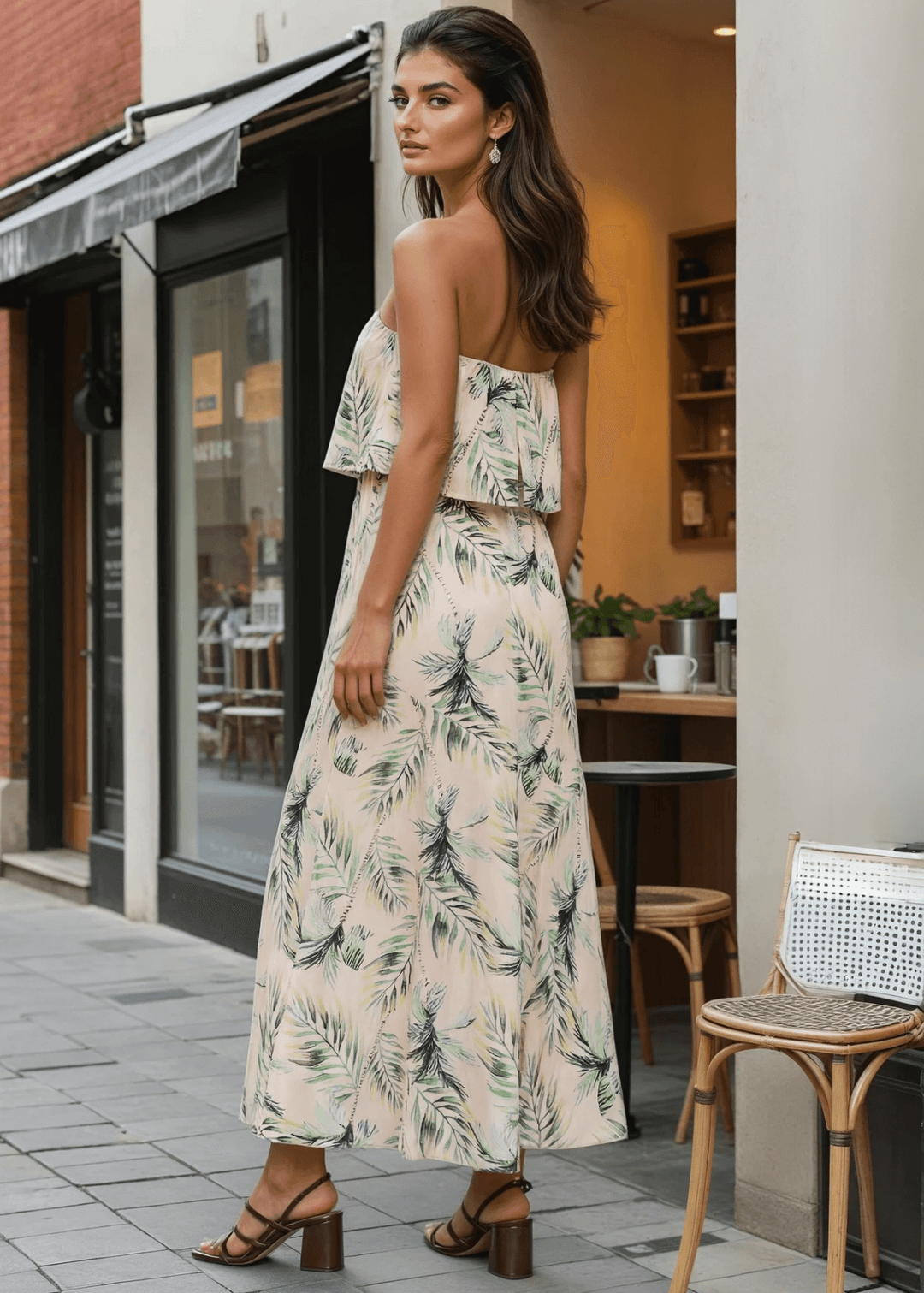 Escape to island vibes with this Palm Tree Leaf Strapless Maxi Dress. The made in USA strapless silhouette and elastic waist create an effortless, flattering fit that moves with you, while the full-length maxi cut delivers timeless elegance. 