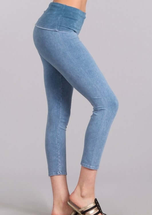 Made in USA Light Denim Mineral Washed Pull On Capri Leggings Tummy control wide fold-over waistband | Classy Cozy Cool Women's American Boutique