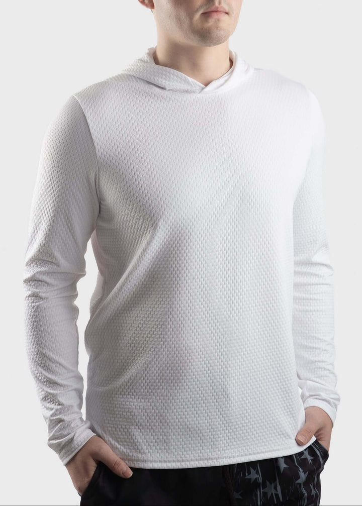 Experience the ultimate combination of our lightweight and breathable Illusion mesh material. WSI Sportswear Unisex Illusion Mesh Sun Hoodie in White, Advanced Wicking Properties.
