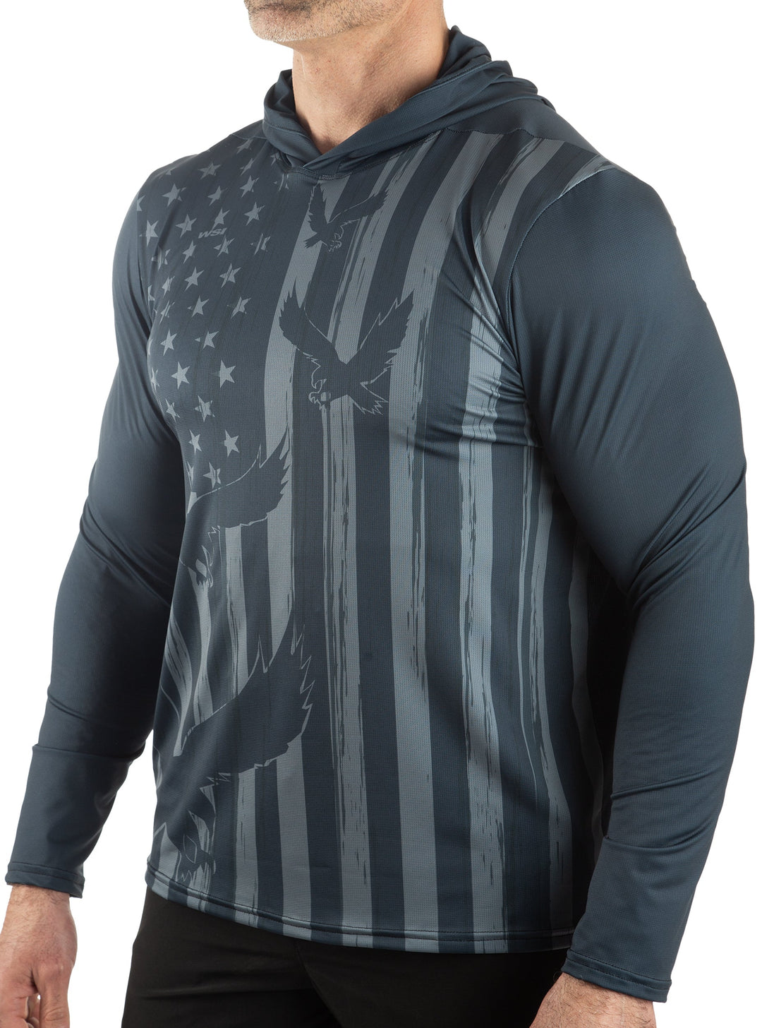 Made in USA WSI Sportswear Men's Microtech™ Lightweight Performance Hoodie with American Flag and Eagle Graphics in Dark Gray, UPF50 Sun Protection, Advanced wicking properties, Anti-microbial Properties 