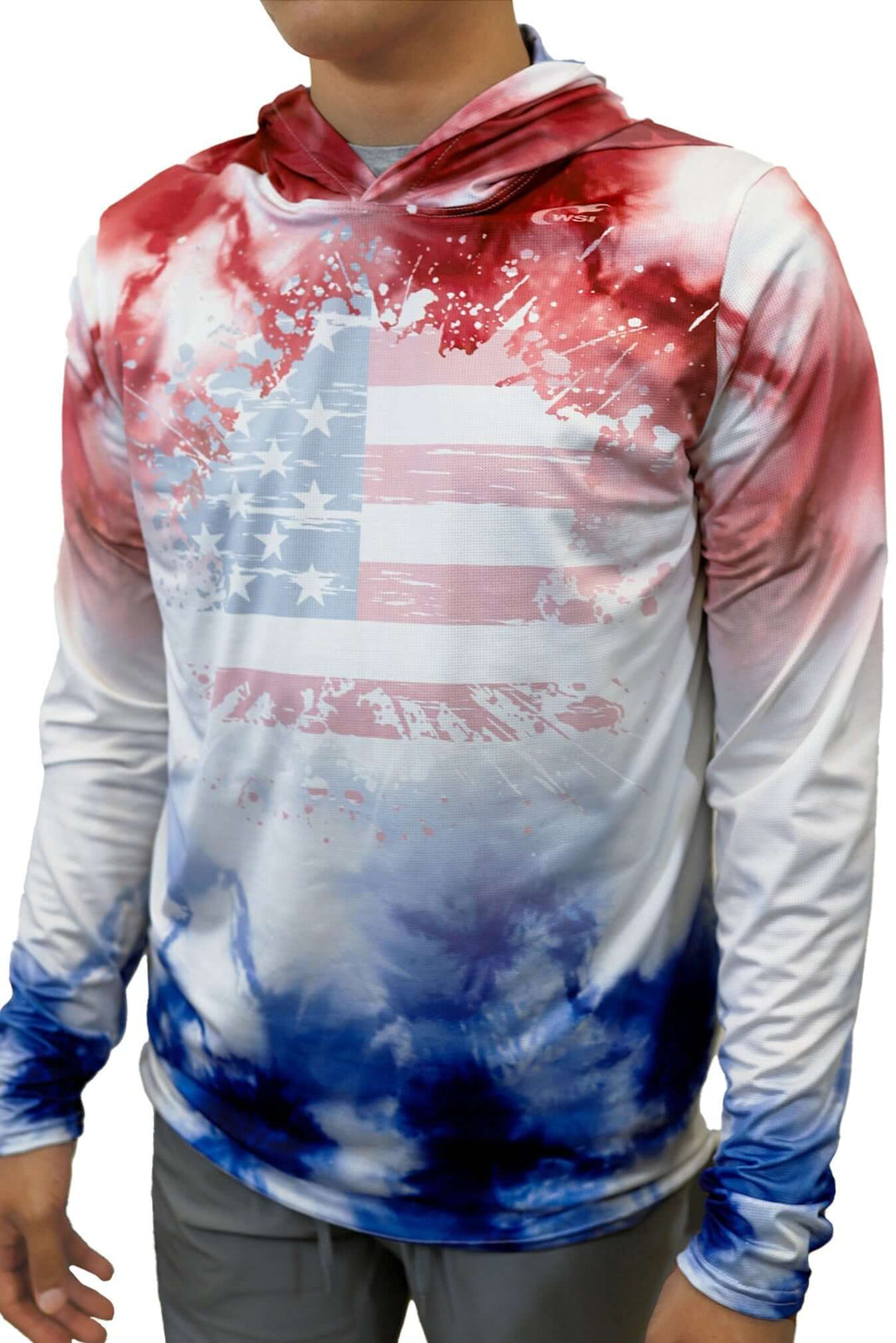 Made in USA. WSI Sportswear Men’s Limited Edition USA Performance Mesh Sun Hoodie. Lightweight. Built-in UPF 50 for sun protection. Patriotic Colors.