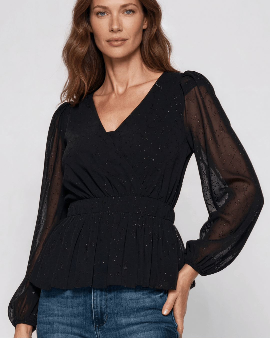 Made in USA |  Women's Peplum Style Glitter Mesh Top with Deep V-Neck & Puff Sleeves in Black 
