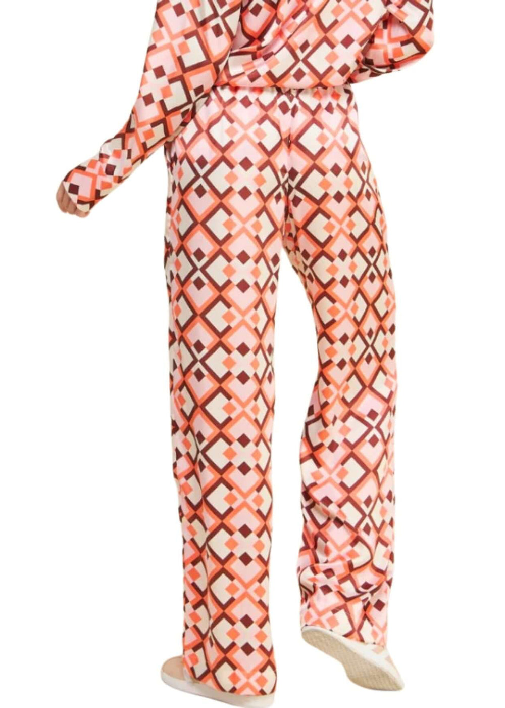 USA Made Ladies Pink Retro Pattern Satin Pants by If She Loves Style # ISP1235A | High Rise with Elastic Waist | Classy Cozy Cool Women's Made in America Clothing Boutique