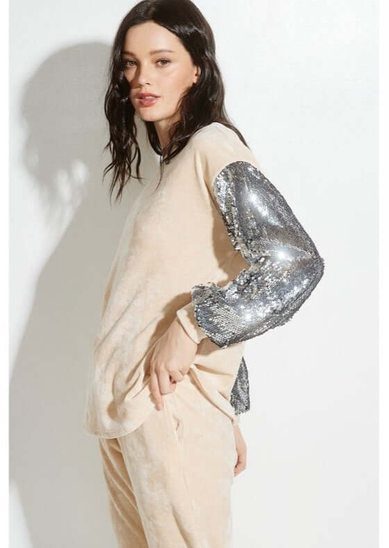 USA Made Women's Champagne Velvet Track Suit with Sequins Sleeves | Perfect Casual Glam Outfit | Classy Cozy Cool Women's Made in USA Boutique