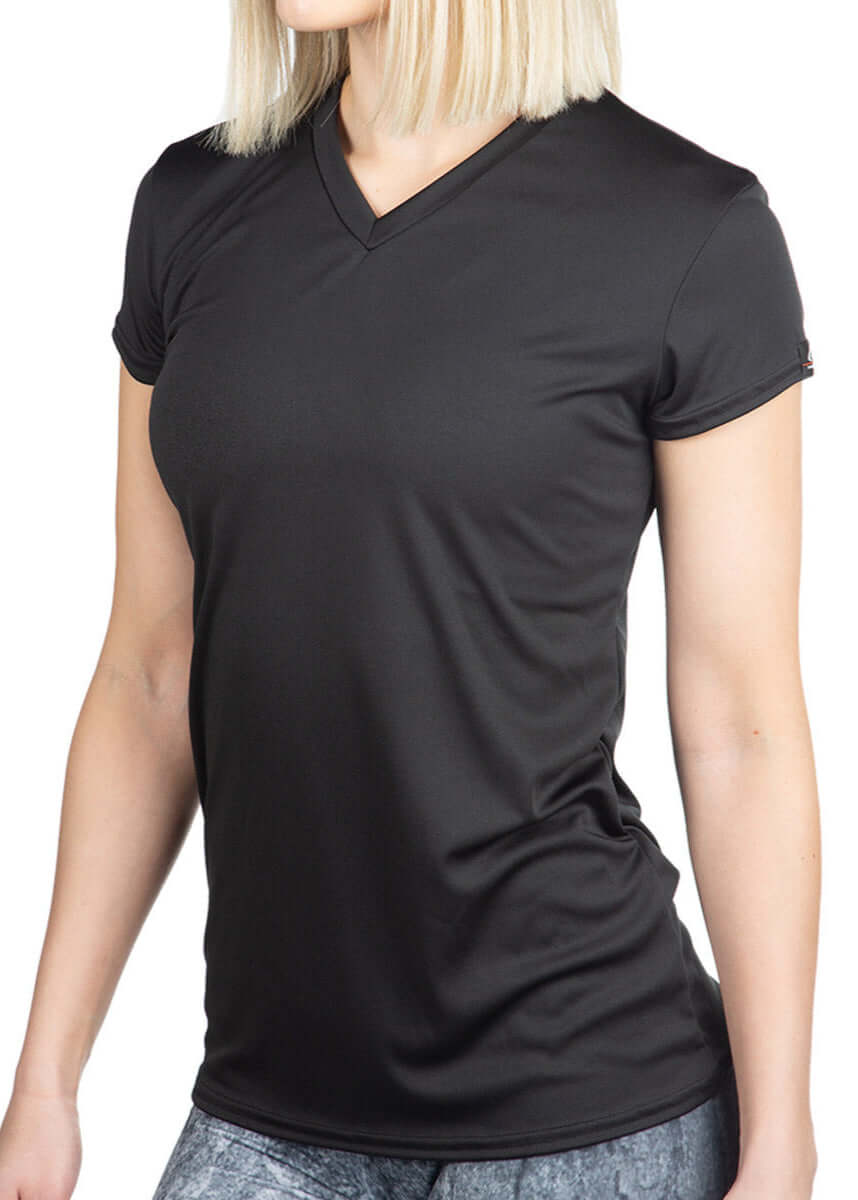 Made in USA WSI Sportswear Microtech™ Women's Loose Fit Short Sleeve V-Neck Shirt, T-Shirt in Black or White