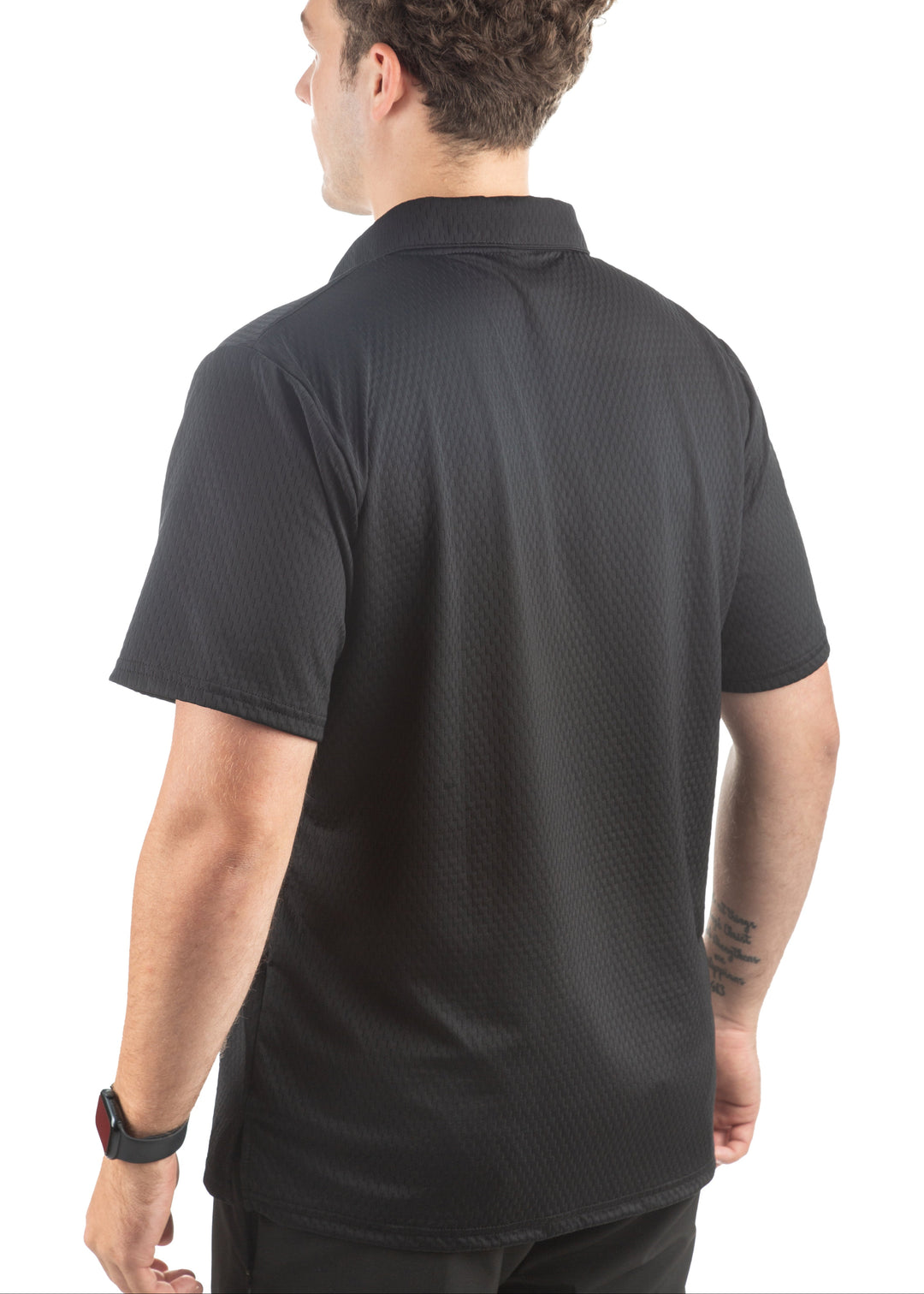 Made in USA. WSI Sportswear Men’s Illusion Mesh Loose Fit Short Sleeve Polo. Moisture Wicking. Classic Fit. Black.