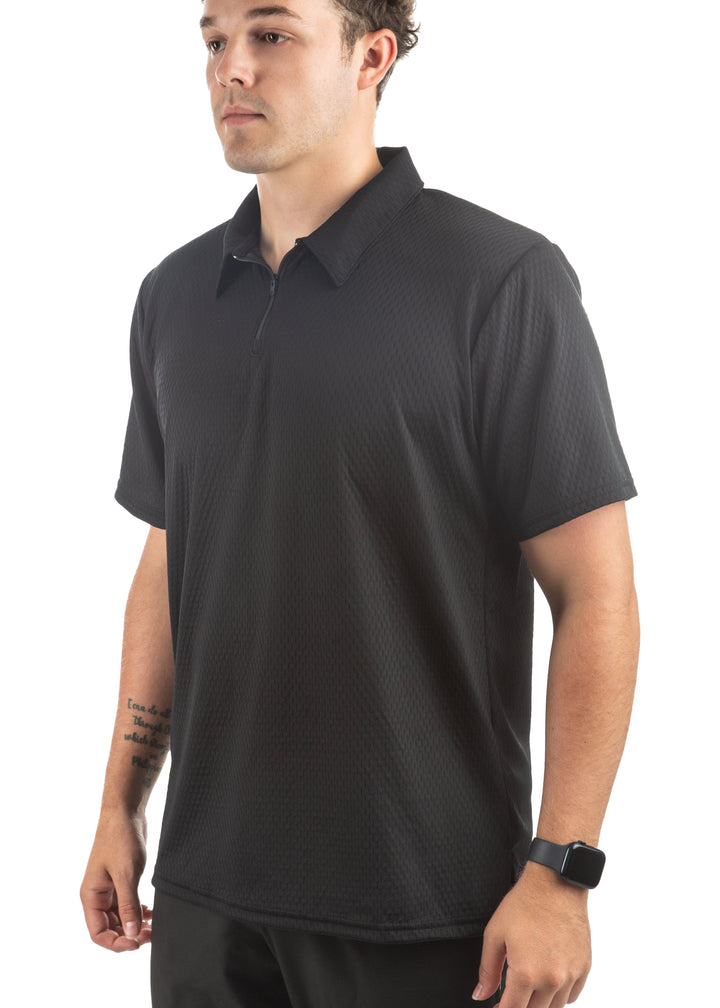 Made in USA. WSI Sportswear Men’s Illusion Mesh Loose Fit Short Sleeve Polo. Moisture Wicking. Classic Fit. Black.