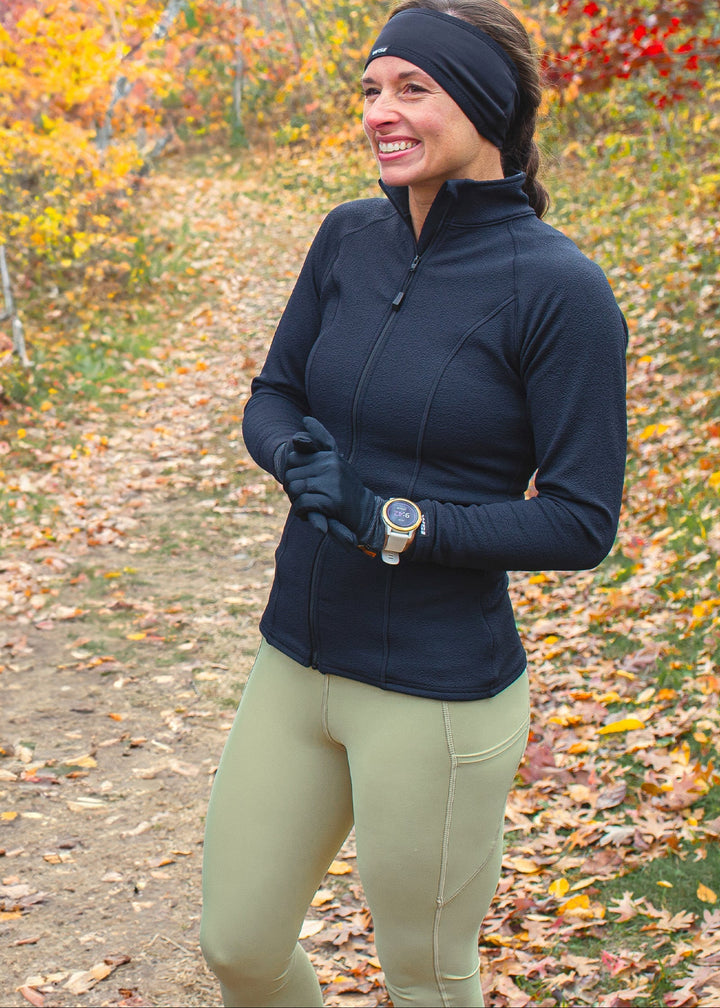 HEATR Frost Full Zip Top in Black, styled view, women&