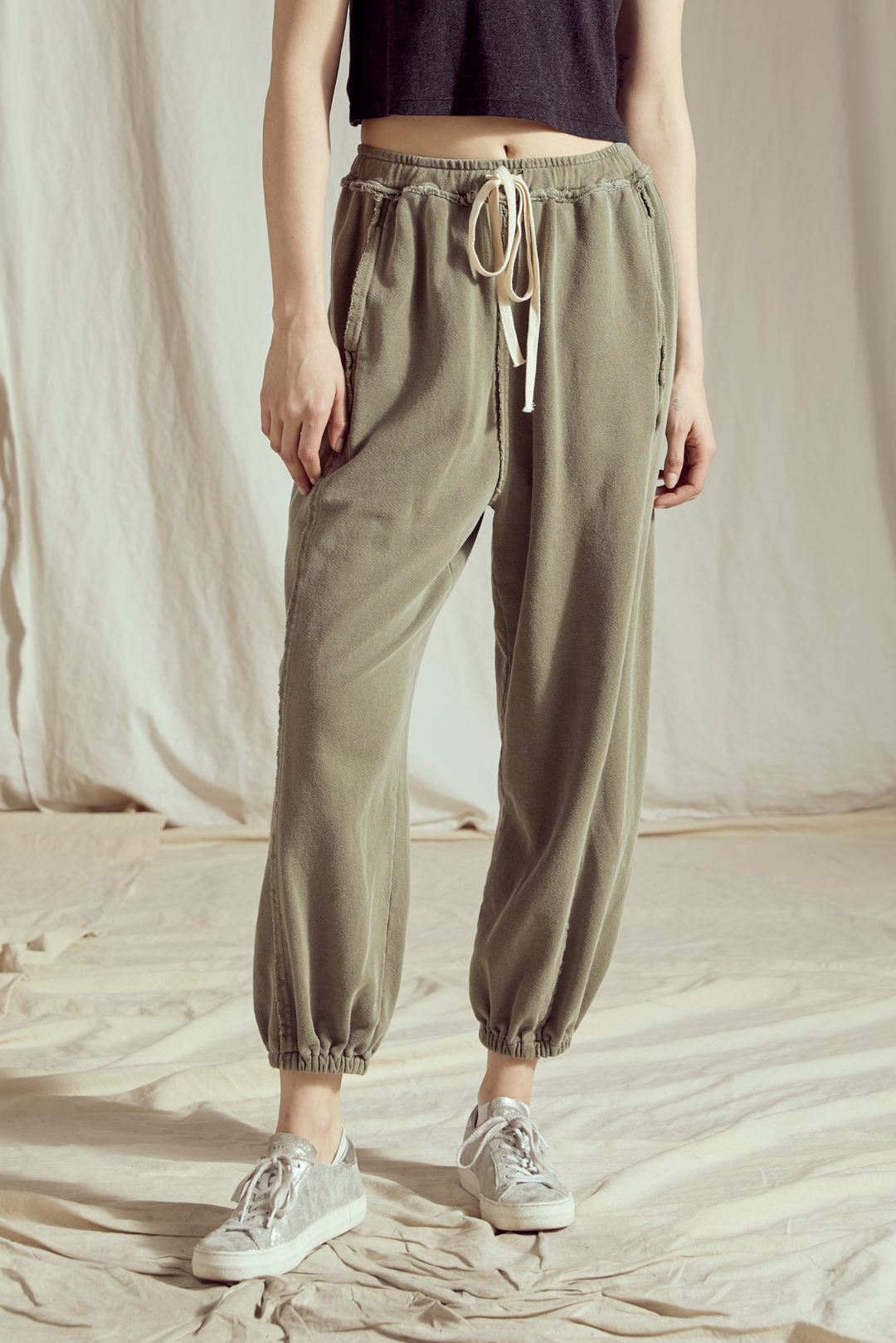 Shop the Sunday Morning Joggers in Olive & Sand — soft 100% cotton joggers with a relaxed fit. Perfect for lounging or casual wear. Sizes XS–L.