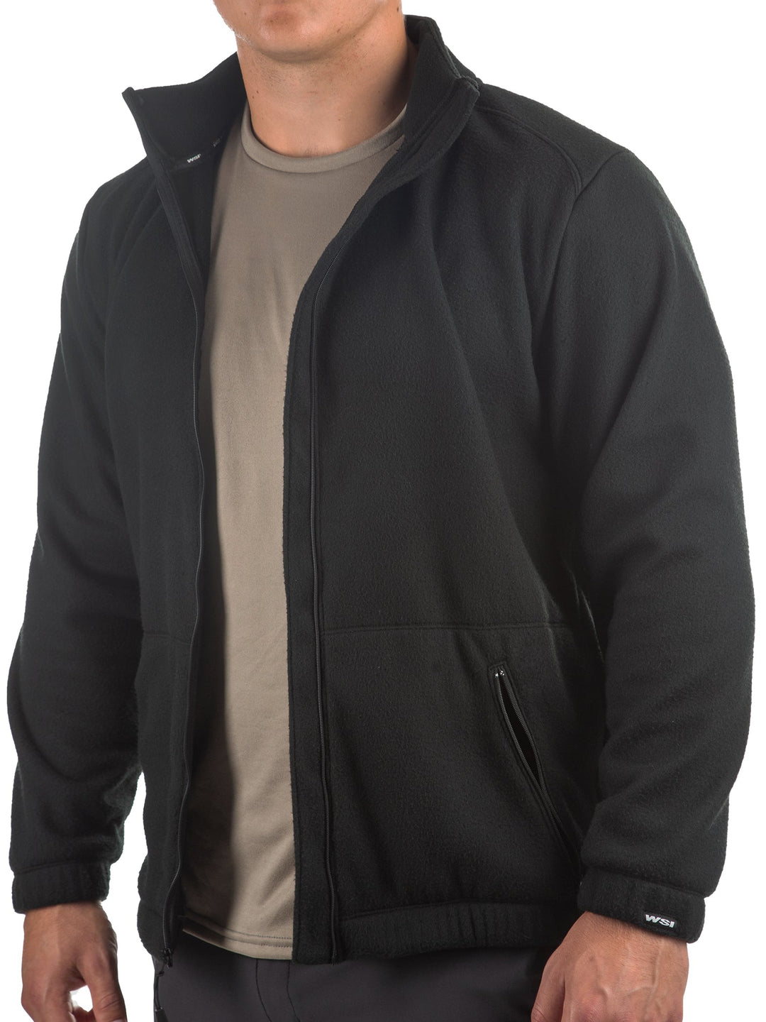 WSI Sportswear Men's Polar Fleece Full Zip Jacket in Black Made in USA, Loose fit, Mid-Outer Layer, Zippered side pockets, Full zip polar fleece, Elastic on cuffs and hem
