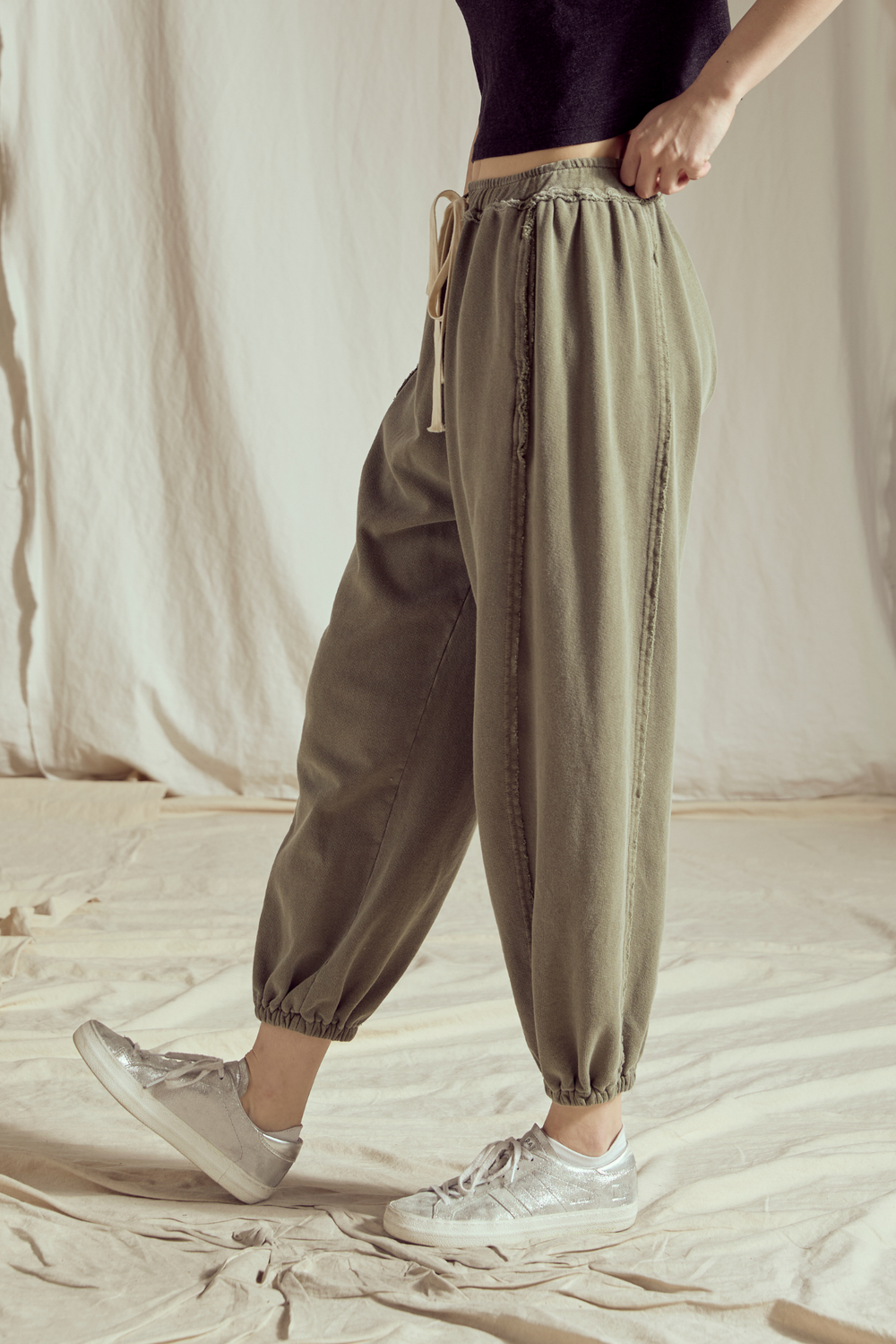Shop the Sunday Morning Joggers in Olive & Sand — soft 100% cotton joggers with a relaxed fit. Perfect for lounging or casual wear. Sizes XS–L.