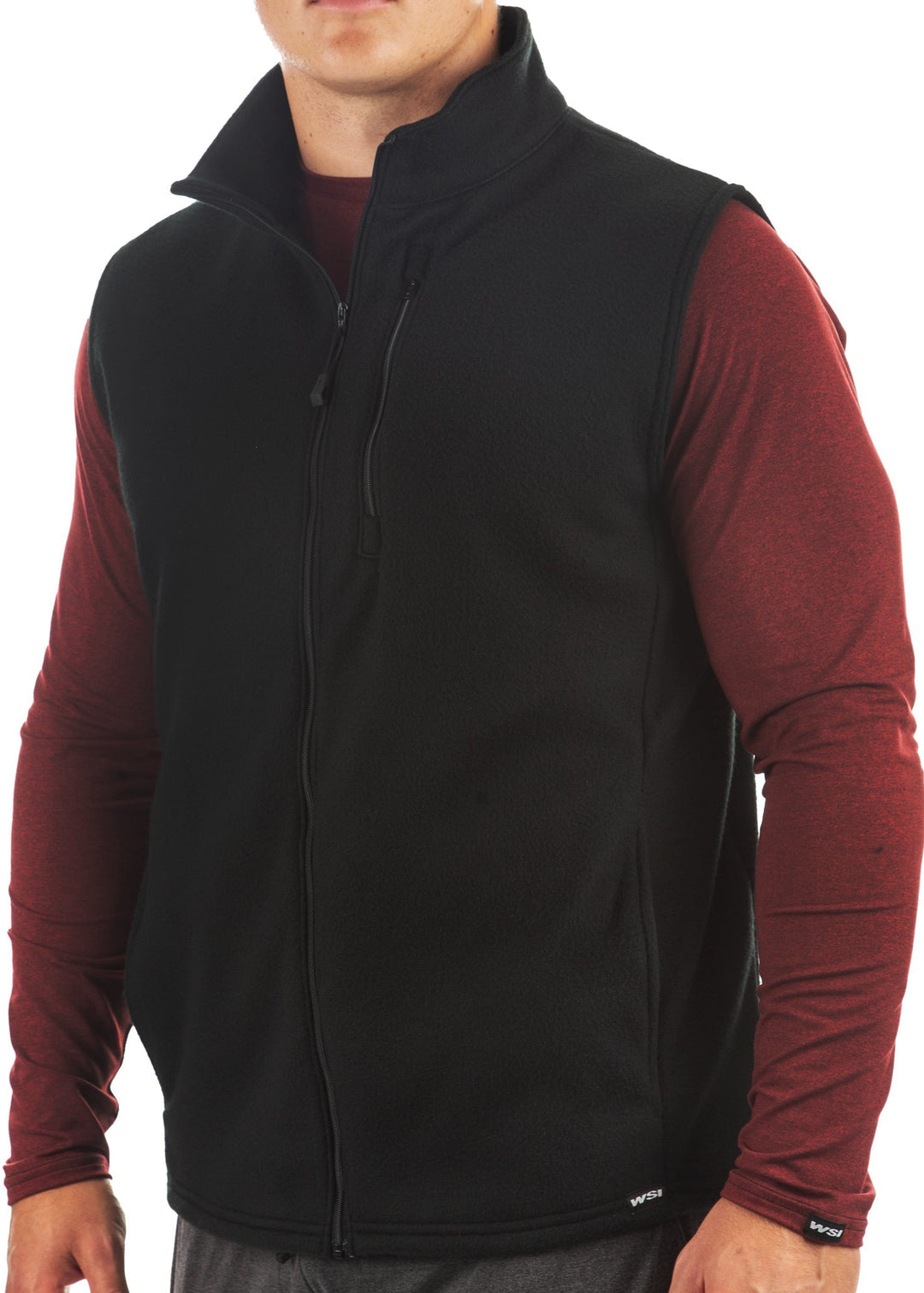 WSI Sportswear Men's Polar Fleece Full Zip Vest Made in USA, Available in Heathered Navy and Black, Relaxed fit, Mock Collar, Zippered chest pocket, Full zip 
