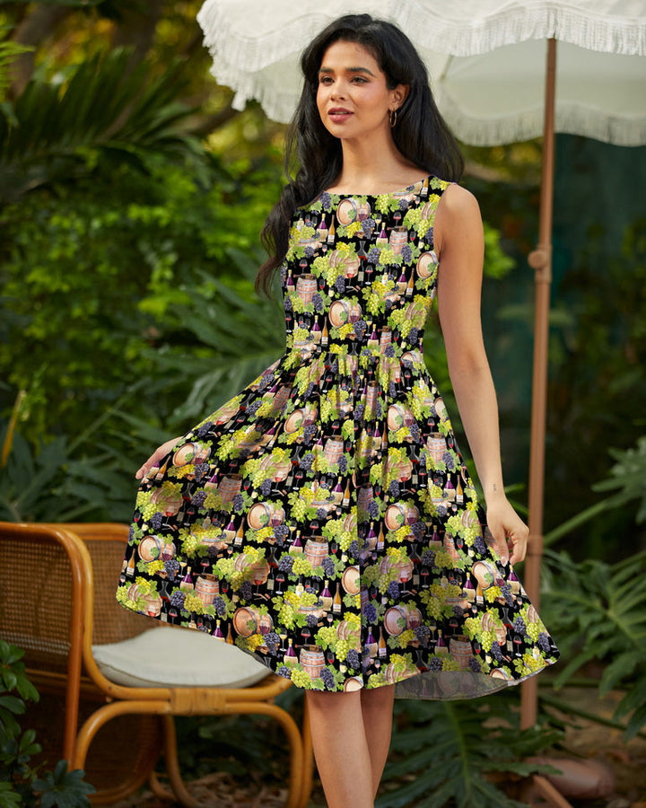 Made in USA. Shop the Wine Vintage Dress by Retrolicious in 100% cotton, with a high neckline, longer full skirt and hidden pockets. Sizes XS–4X.